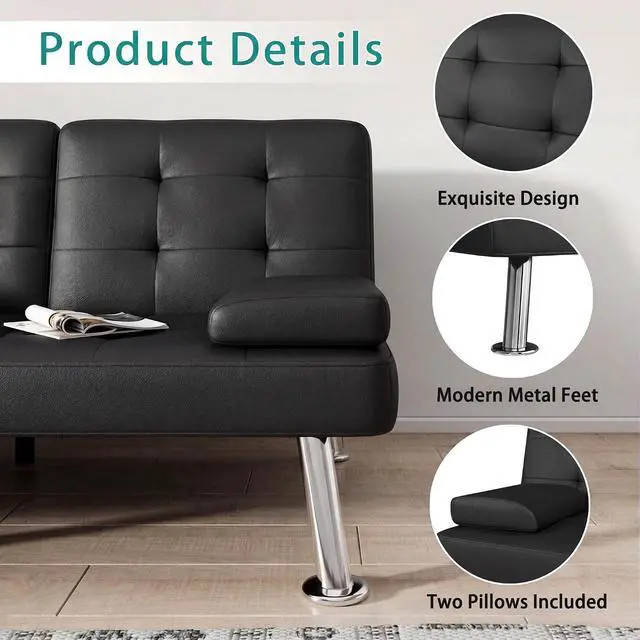 Alt view image 2 of 7 - Sofá Cama Futón Moderno Juego de Futón Plegable Convertible Reclinable Lounge para Sala de Estar con 2 Portavasos, Reposabrazos Extraíbles (Cuero PU, Negro)
