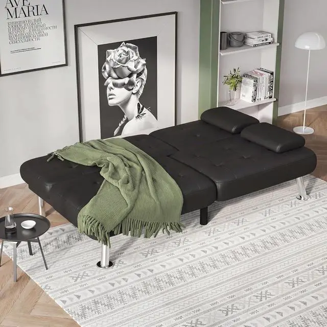 Alt view image 5 of 7 - Sofá Cama Futón Moderno Juego de Futón Plegable Convertible Reclinable Lounge para Sala de Estar con 2 Portavasos, Reposabrazos Extraíbles (Cuero PU, Negro)