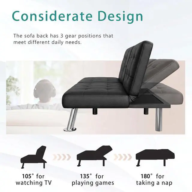Alt view image 6 of 7 - Sofá Cama Futón Moderno Juego de Futón Plegable Convertible Reclinable Lounge para Sala de Estar con 2 Portavasos, Reposabrazos Extraíbles (Cuero PU, Negro)