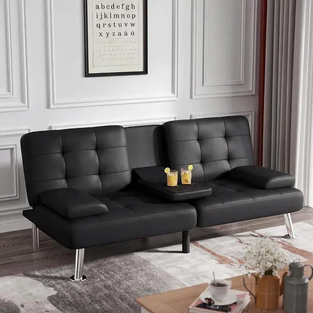 Alt view image 4 of 7 - Sofá Cama Futón Moderno Juego de Futón Plegable Convertible Reclinable Lounge para Sala de Estar con 2 Portavasos, Reposabrazos Extraíbles (Cuero PU, Negro)