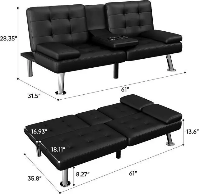 Alt view image 3 of 7 - Sofá Cama Futón Moderno Juego de Futón Plegable Convertible Reclinable Lounge para Sala de Estar con 2 Portavasos, Reposabrazos Extraíbles (Cuero PU, Negro)