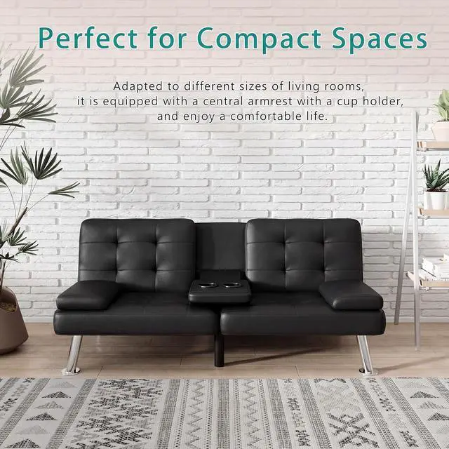 Alt view image 7 of 7 - Sofá Cama Futón Moderno Juego de Futón Plegable Convertible Reclinable Lounge para Sala de Estar con 2 Portavasos, Reposabrazos Extraíbles (Cuero PU, Negro)