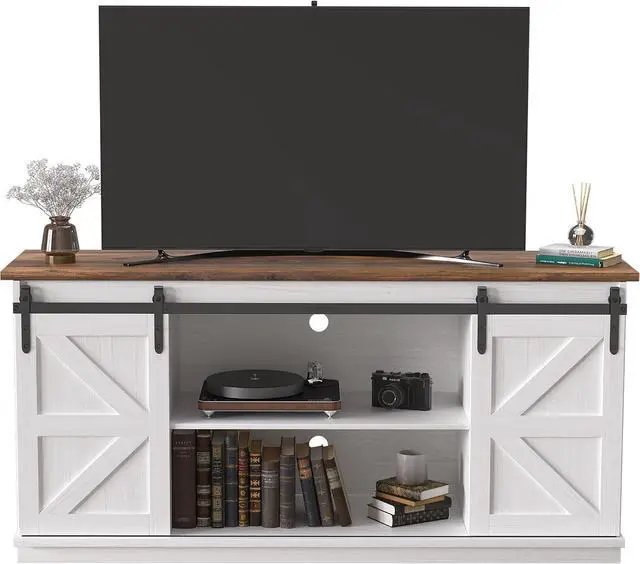 Main image of Soporte de TV para TV de 65 pulgadas, centro de entretenimiento con armarios de almacenamiento y puertas corredizas de granero, consola de TV moderna de mediados de siglo para sala de estar y