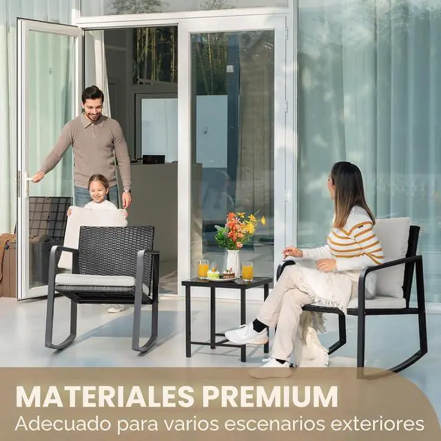 Alt view image 5 of 7 - Juego o set de 3 piezas de mimbre para patio y exteriores, muebles para porche, sillas para conversar con mesa auxiliar de vidrio