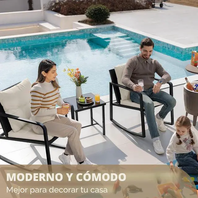 Alt view image 6 of 7 - Juego o set de 3 piezas de mimbre para patio y exteriores, muebles para porche, sillas para conversar con mesa auxiliar de vidrio