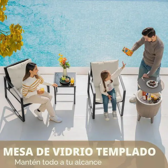 Alt view image 4 of 7 - Juego o set de 3 piezas de mimbre para patio y exteriores, muebles para porche, sillas para conversar con mesa auxiliar de vidrio
