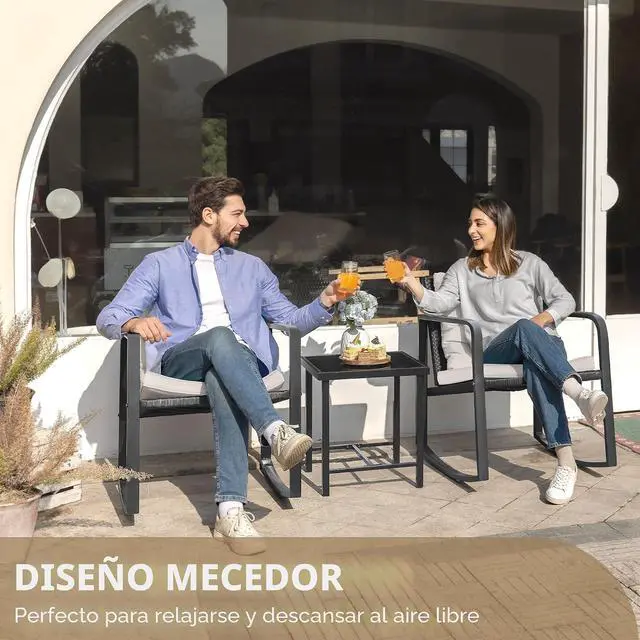 Alt view image 7 of 7 - Juego o set de 3 piezas de mimbre para patio y exteriores, muebles para porche, sillas para conversar con mesa auxiliar de vidrio