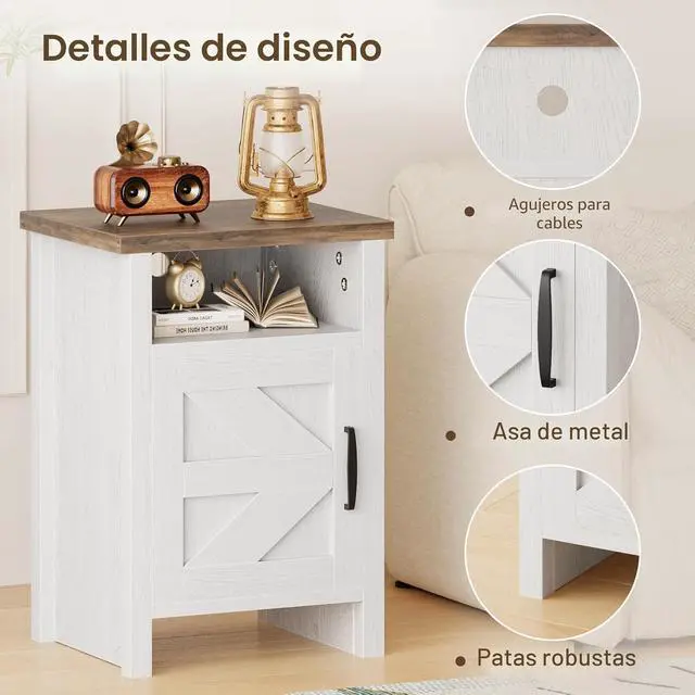 Alt view image 6 of 7 - Mesita de noche de granja, mesa de noche moderna con puerta de granero y estante, mesa auxiliar rústica para dormitorio, sala de estar (2, Blanca)