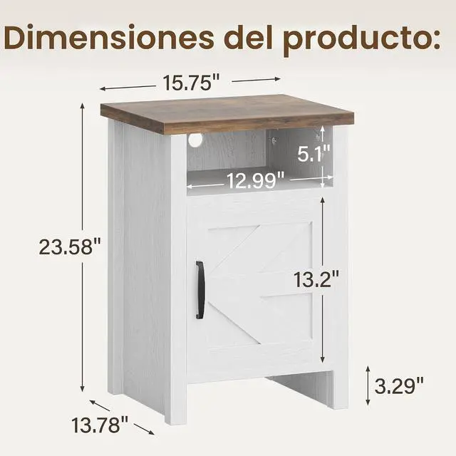 Alt view image 7 of 7 - Mesita de noche de granja, mesa de noche moderna con puerta de granero y estante, mesa auxiliar rústica para dormitorio, sala de estar (2, Blanca)