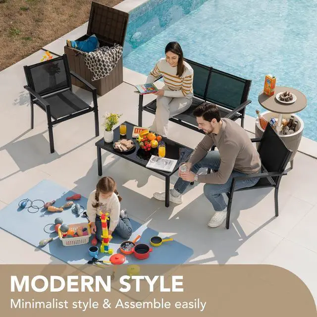 Alt view image 6 of 7 - Juego de 4 piezas de muebles de patio al aire libre para jardín, sillas y mesa de café de cristal para patio o terraza, Negro