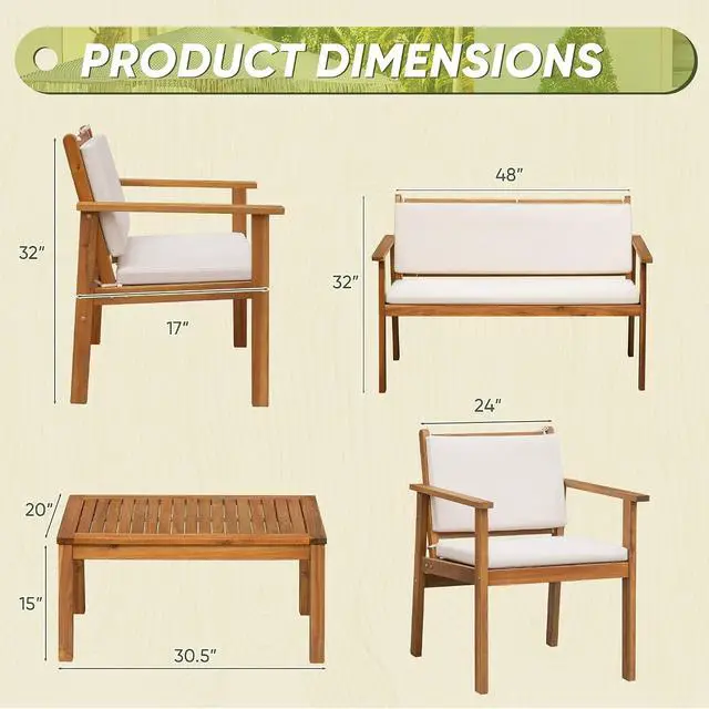 Alt view image 3 of 7 - Muebles de patio de 4 piezas de madera de acacia para exteriores, juego de sofá de conversación con mesa y cojines, muebles de porche para terraza, balcón, patio trasero