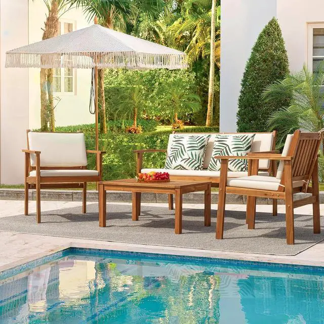 Alt view image 2 of 7 - Muebles de patio de 4 piezas de madera de acacia para exteriores, juego de sofá de conversación con mesa y cojines, muebles de porche para terraza, balcón, patio trasero