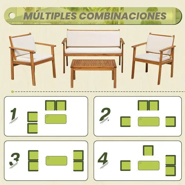 Alt view image 4 of 7 - Muebles de patio de 4 piezas de madera de acacia para exteriores, juego de sofá de conversación con mesa y cojines, muebles de porche para terraza, balcón, patio trasero