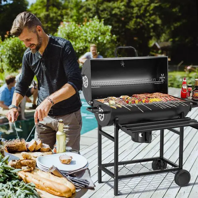 Alt view image 4 of 6 - Flamaker Parrilla de carbón estilo barril barbacoa parrilla de carbón con tres estantes de artículos, termómetro de doble capa de hierro cromado para hornear bandeja para hornear cenizas para acampar