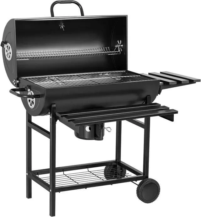 Alt view image 5 of 6 - Flamaker Parrilla de carbón estilo barril barbacoa parrilla de carbón con tres estantes de artículos, termómetro de doble capa de hierro cromado para hornear bandeja para hornear cenizas para acampar