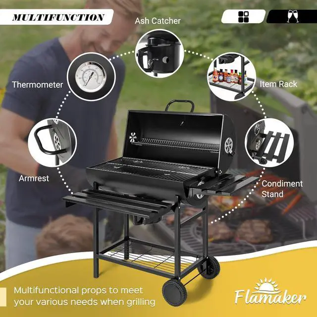 Alt view image 2 of 6 - Flamaker Parrilla de carbón estilo barril barbacoa parrilla de carbón con tres estantes de artículos, termómetro de doble capa de hierro cromado para hornear bandeja para hornear cenizas para acampar