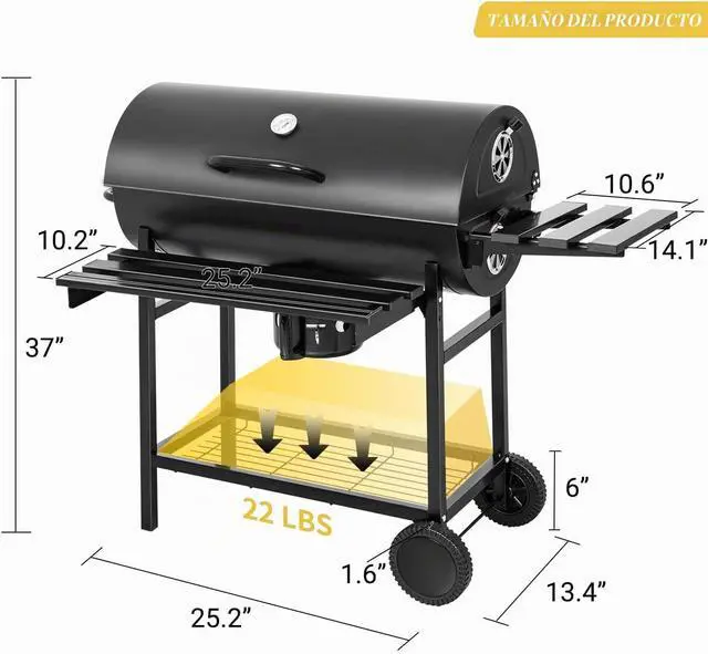 Alt view image 6 of 6 - Flamaker Parrilla de carbón estilo barril barbacoa parrilla de carbón con tres estantes de artículos, termómetro de doble capa de hierro cromado para hornear bandeja para hornear cenizas para acampar
