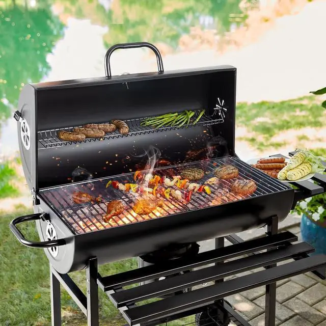 Alt view image 3 of 6 - Flamaker Parrilla de carbón estilo barril barbacoa parrilla de carbón con tres estantes de artículos, termómetro de doble capa de hierro cromado para hornear bandeja para hornear cenizas para acampar