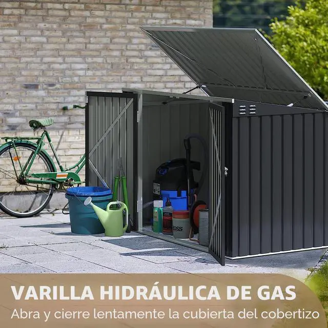 Alt view image 2 of 7 - Cobertizo de Almacenamiento Exterior 5.8 x 3.3 Pies Cobertizo Metálico para Basura Impermeable Almacenamiento Exterior con Tapa Cadena Varilla de Gas Hidráulica para Bote de Basura Herramientas