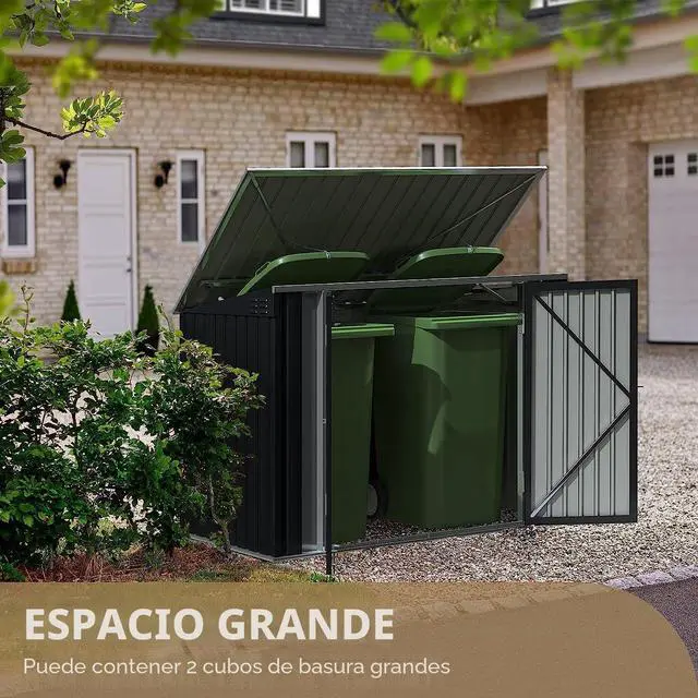 Alt view image 6 of 7 - Cobertizo de Almacenamiento Exterior 5.8 x 3.3 Pies Cobertizo Metálico para Basura Impermeable Almacenamiento Exterior con Tapa Cadena Varilla de Gas Hidráulica para Bote de Basura Herramientas