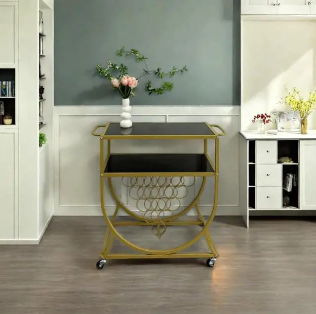 Alt view image 5 of 5 - The black and gold color combination of the dining cart trolley makes it extremely convenient for storage and organization.