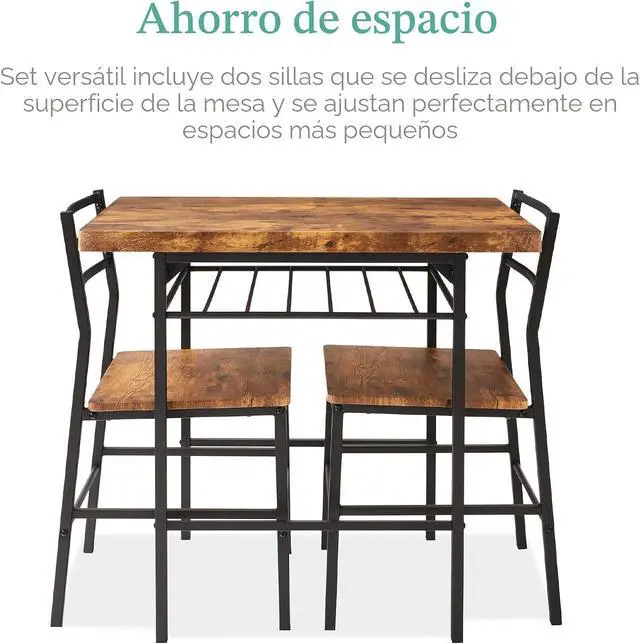 Alt view image 7 of 7 - Best Choice Products Juego de comedor moderno de 3 piezas, comedor que ahorra espacio para cocina, comedor, espacio pequeño con marco de acero, estante de almacenamiento integrado, color marrón medio