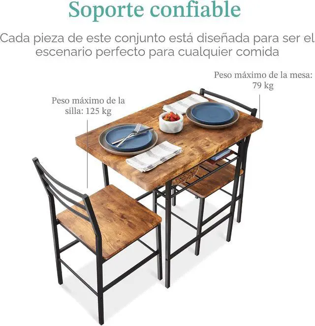 Alt view image 6 of 7 - Best Choice Products Juego de comedor moderno de 3 piezas, comedor que ahorra espacio para cocina, comedor, espacio pequeño con marco de acero, estante de almacenamiento integrado, color marrón medio