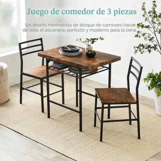Alt view image 5 of 7 - Best Choice Products Juego de comedor moderno de 3 piezas, comedor que ahorra espacio para cocina, comedor, espacio pequeño con marco de acero, estante de almacenamiento integrado, color marrón medio