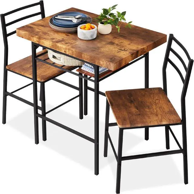 Main image of Best Choice Products Juego de comedor moderno de 3 piezas, comedor que ahorra espacio para cocina, comedor, espacio pequeño con marco de acero, estante de almacenamiento integrado, color marrón medio