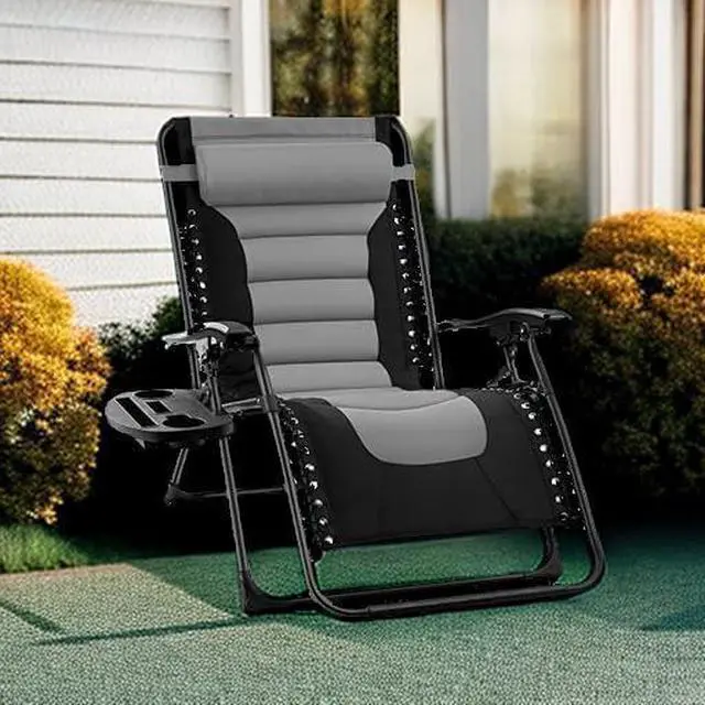 Alt view image 6 of 7 - acolchada de gravedad cero de gran tamaño, reclinable plegable para patio al aire libre, tumbona antigravedad XL para patio trasero con reposacabezas, portavasos, bandeja