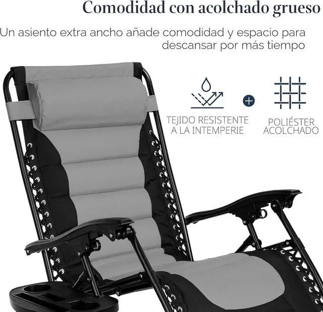 Alt view image 5 of 7 - acolchada de gravedad cero de gran tamaño, reclinable plegable para patio al aire libre, tumbona antigravedad XL para patio trasero con reposacabezas, portavasos, bandeja