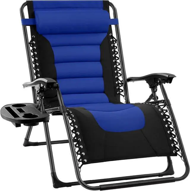 Main image of acolchada de gravedad cero de gran tamaño, reclinable plegable para patio al aire libre, tumbona antigravedad XL para patio trasero con reposacabezas, portavasos, bandeja Negro/Azul