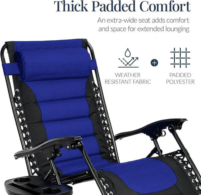 Alt view image 3 of 7 - acolchada de gravedad cero de gran tamaño, reclinable plegable para patio al aire libre, tumbona antigravedad XL para patio trasero con reposacabezas, portavasos, bandeja Negro/Azul