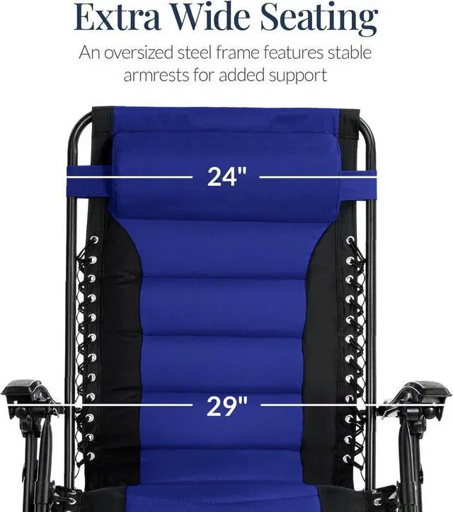 Alt view image 5 of 7 - acolchada de gravedad cero de gran tamaño, reclinable plegable para patio al aire libre, tumbona antigravedad XL para patio trasero con reposacabezas, portavasos, bandeja Negro/Azul