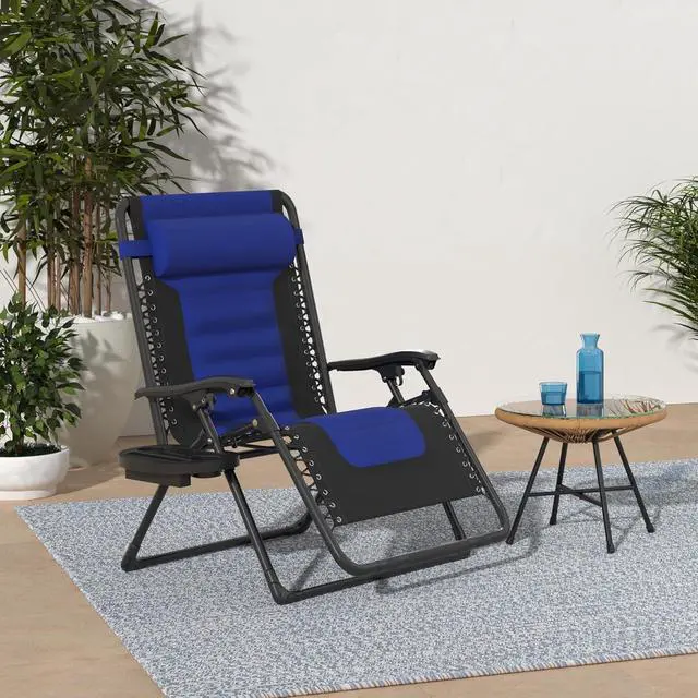 Alt view image 6 of 7 - acolchada de gravedad cero de gran tamaño, reclinable plegable para patio al aire libre, tumbona antigravedad XL para patio trasero con reposacabezas, portavasos, bandeja Negro/Azul
