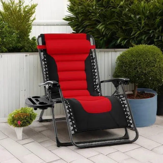 Alt view image 3 of 7 - acolchada de gravedad cero de gran tamaño, reclinable plegable para patio al aire libre, tumbona antigravedad XL para patio trasero con reposacabezas, portavasos, bandeja Rojo/negro