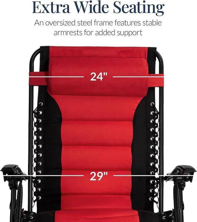 Alt view image 5 of 7 - acolchada de gravedad cero de gran tamaño, reclinable plegable para patio al aire libre, tumbona antigravedad XL para patio trasero con reposacabezas, portavasos, bandeja Rojo/negro