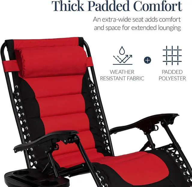 Alt view image 2 of 7 - acolchada de gravedad cero de gran tamaño, reclinable plegable para patio al aire libre, tumbona antigravedad XL para patio trasero con reposacabezas, portavasos, bandeja Rojo/negro