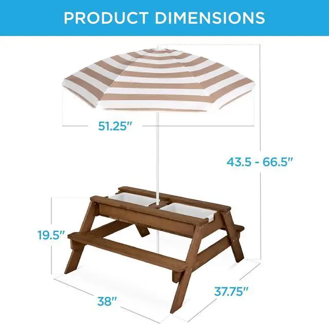 Alt view image 2 of 7 - Mesa de arena y agua 3 en 1 para niños, mesa de picnic convertible de madera para exteriores con paraguas, 2 bandejas, parte superior extraíble, capacidad de 220 libras por banco