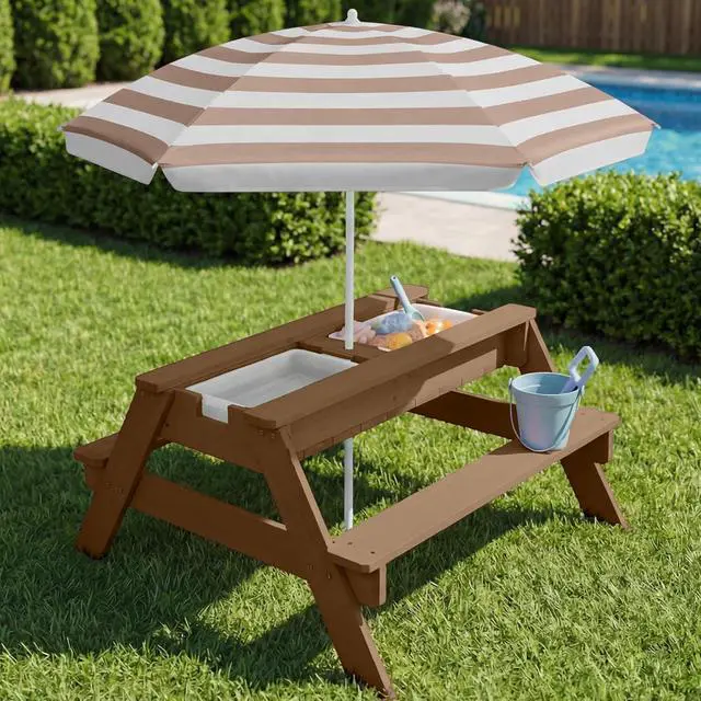 Alt view image 4 of 7 - Mesa de arena y agua 3 en 1 para niños, mesa de picnic convertible de madera para exteriores con paraguas, 2 bandejas, parte superior extraíble, capacidad de 220 libras por banco