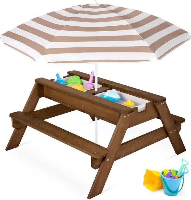 Main image of Mesa de arena y agua 3 en 1 para niños, mesa de picnic convertible de madera para exteriores con paraguas, 2 bandejas, parte superior extraíble, capacidad de 220 libras por banco