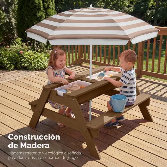 Alt view image 7 of 7 - Mesa de arena y agua 3 en 1 para niños, mesa de picnic convertible de madera para exteriores con paraguas, 2 bandejas, parte superior extraíble, capacidad de 220 libras por banco