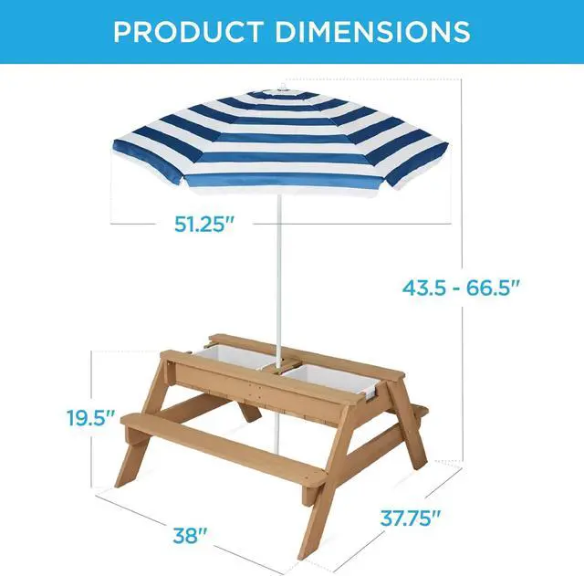 Alt view image 3 of 7 - Mesa de arena y agua 3 en 1 para niños, mesa de picnic convertible de madera para exteriores con paraguas, 2 bandejas, parte superior extraíble, capacidad de 220 libras por banco