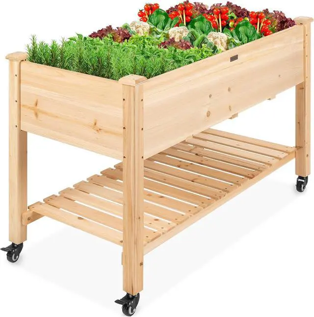 Main image of Cama de jardín elevada de 48 x 24 x 32 pulgadas, maceta de madera elevada móvil con ruedas bloqueables, estante de almacenamiento, forro protector, color natural