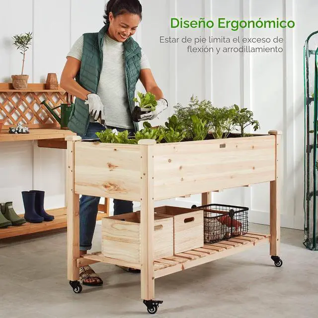 Alt view image 6 of 7 - Cama de jardín elevada de 48 x 24 x 32 pulgadas, maceta de madera elevada móvil con ruedas bloqueables, estante de almacenamiento, forro protector, color natural