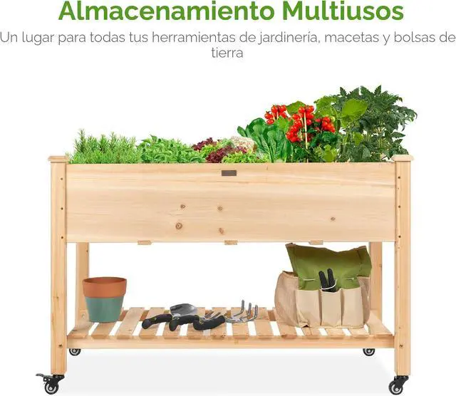 Alt view image 7 of 7 - Cama de jardín elevada de 48 x 24 x 32 pulgadas, maceta de madera elevada móvil con ruedas bloqueables, estante de almacenamiento, forro protector, color natural