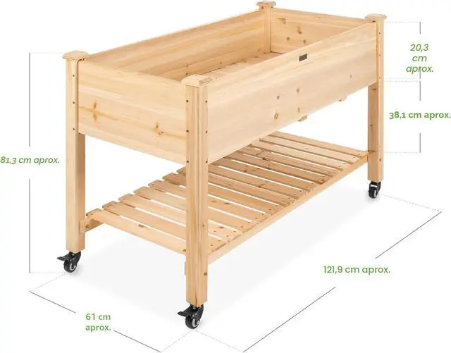 Alt view image 2 of 7 - Cama de jardín elevada de 48 x 24 x 32 pulgadas, maceta de madera elevada móvil con ruedas bloqueables, estante de almacenamiento, forro protector, color natural