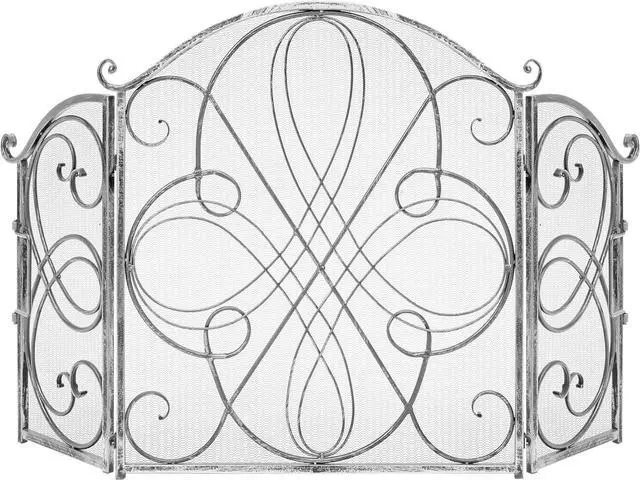 Main image of Pantalla de chimenea de 3 paneles de 55x33 pulgadas de hierro forjado macizo transparente, protector de seguridad contra chispas con scroll decorativo - Estaño