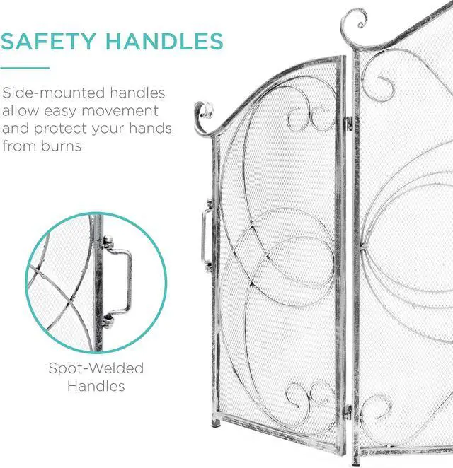 Alt view image 5 of 7 - Pantalla de chimenea de 3 paneles de 55x33 pulgadas de hierro forjado macizo transparente, protector de seguridad contra chispas con scroll decorativo - Estaño