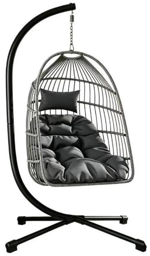 Main image of Frame-supported woven egg-shaped hanging chair for courtyard or balcony, with thick soft cushion for comfortable sitting, suitable for home leisure use and with load-bearing capacity.